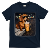 Funny Dachshund Drinking Iced Coffee T-Shirt - Navy Blue