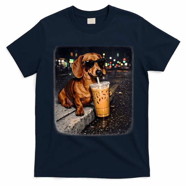 Funny Dachshund Drinking Iced Coffee T-Shirt - Navy Blue