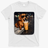 Funny Dachshund Drinking Iced Coffee T-Shirt - White