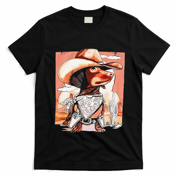 Funny Dachshund Dog Cow Hat Reach Sky Western Puppy Retro T-Shirt - Black