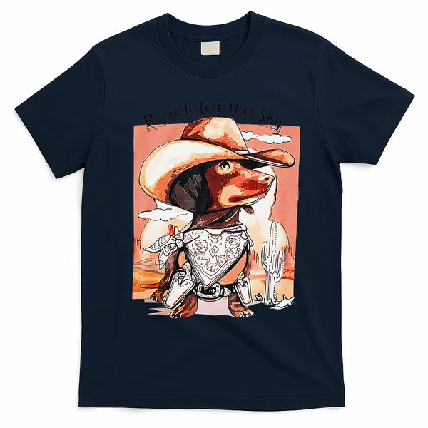 Funny Dachshund Dog Cow Hat Reach Sky Western Puppy Retro T-Shirt - Navy Blue