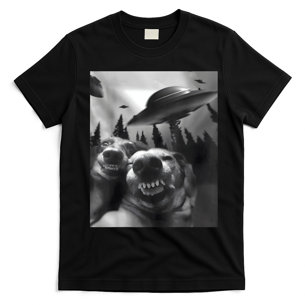 Funny Dogs Selfie With UFOs T-Shirt - Black