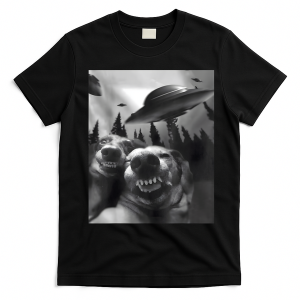 Funny Dogs Selfie With UFOs T-Shirt - Black