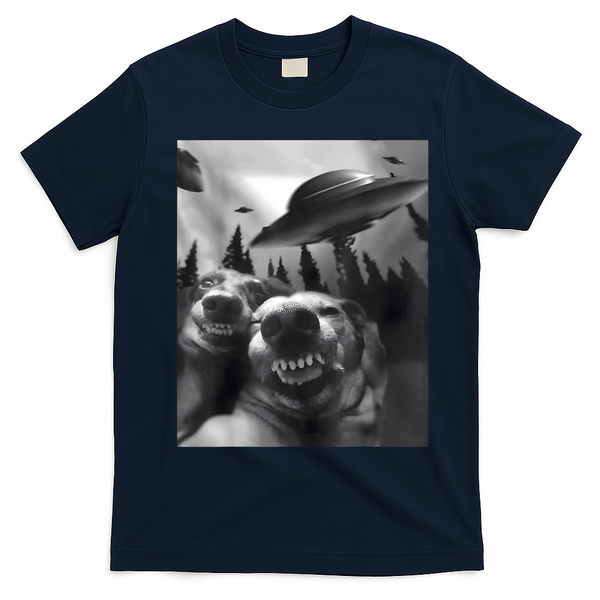 Funny Dogs Selfie With UFOs T-Shirt - Navy Blue