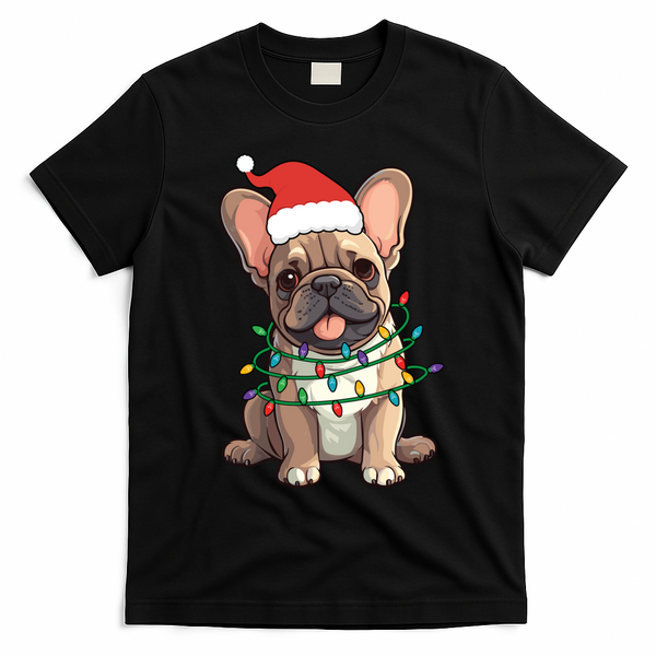 Funny French Bulldog Dog Santa Christmas Tree Lights Cute Gift T-Shirt - Black