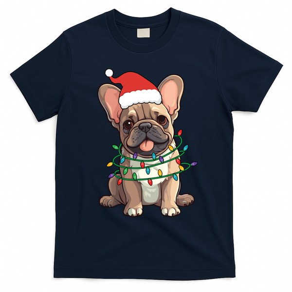 Funny French Bulldog Dog Santa Christmas Tree Lights Cute Gift T-Shirt - Navy Blue