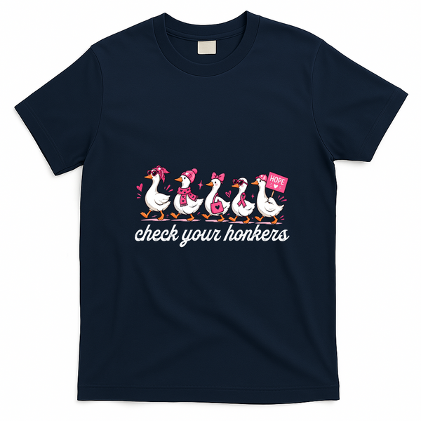 Funny Goose Breast Cancer Ducks Check Your Honkers T-Shirt - Navy Blue
