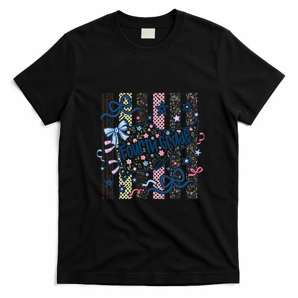 Fourth Grade Floral Print Fun Back To School Vintage Retro T-Shirt - Black