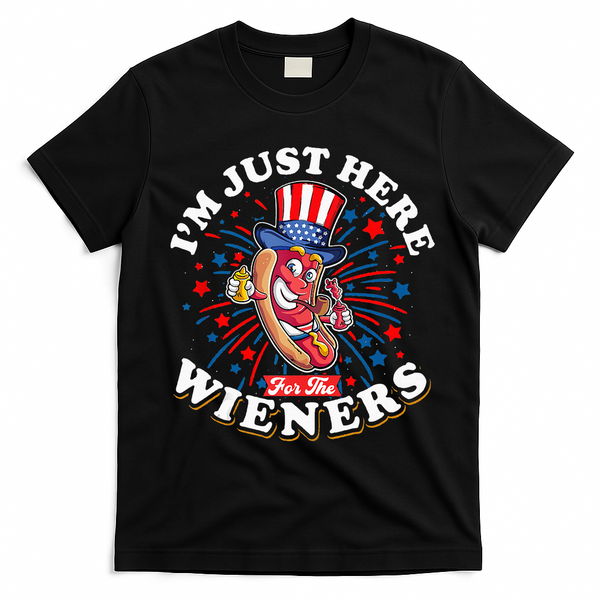 Funny Hot Dog I'm Just Here For The Wieners Sausage Lovers T-Shirt - Black