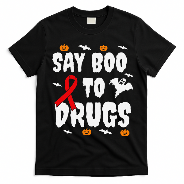 Funny Halloween Gift Say Boo To Drugs Awareness Red Ribbon T-Shirt - Black