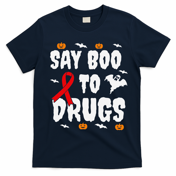 Funny Halloween Gift Say Boo To Drugs Awareness Red Ribbon T-Shirt - Navy Blue