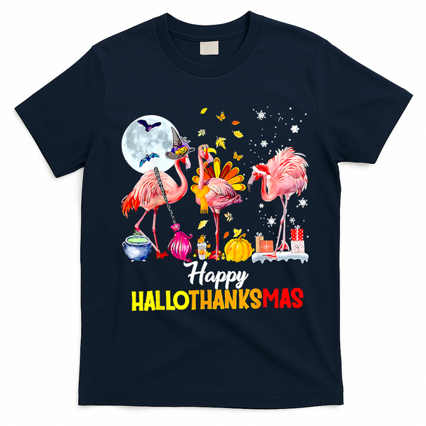 Flamingo Happy HalloThanksmas Funny Halloween Thanksgiving T-Shirt - Navy Blue