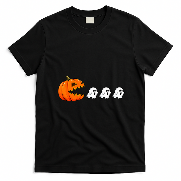 Funny Halloween Pumpkin Eating Ghost Gamer Retro Gaming T-Shirt - Black