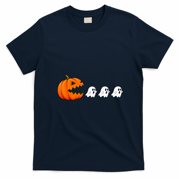 Funny Halloween Pumpkin Eating Ghost Gamer Retro Gaming T-Shirt - Navy Blue