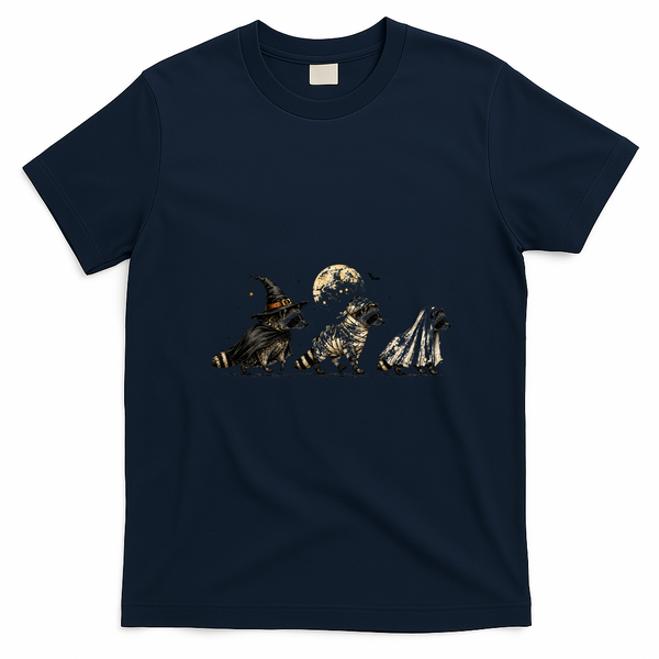 Funny Halloween Raccoons In Costumes Moon T-Shirt - Navy Blue