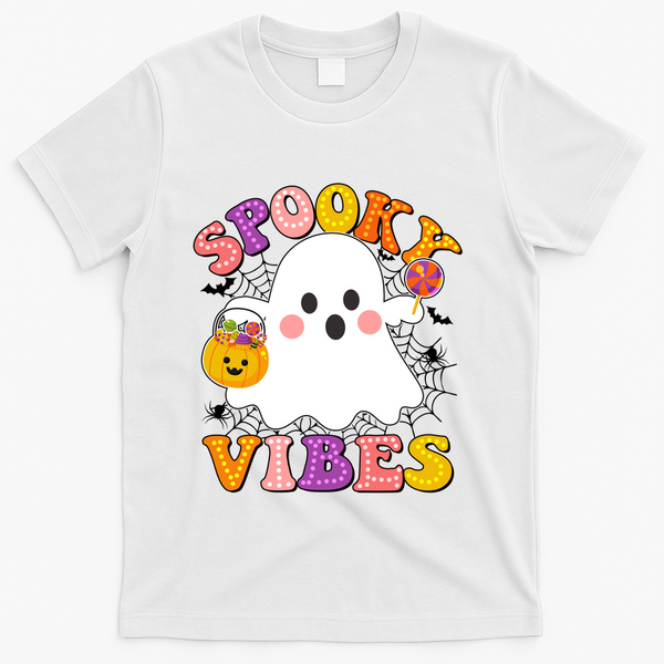 Funny Halloween Spooky Vibes Trick Or Treating Ghost T-Shirt - White