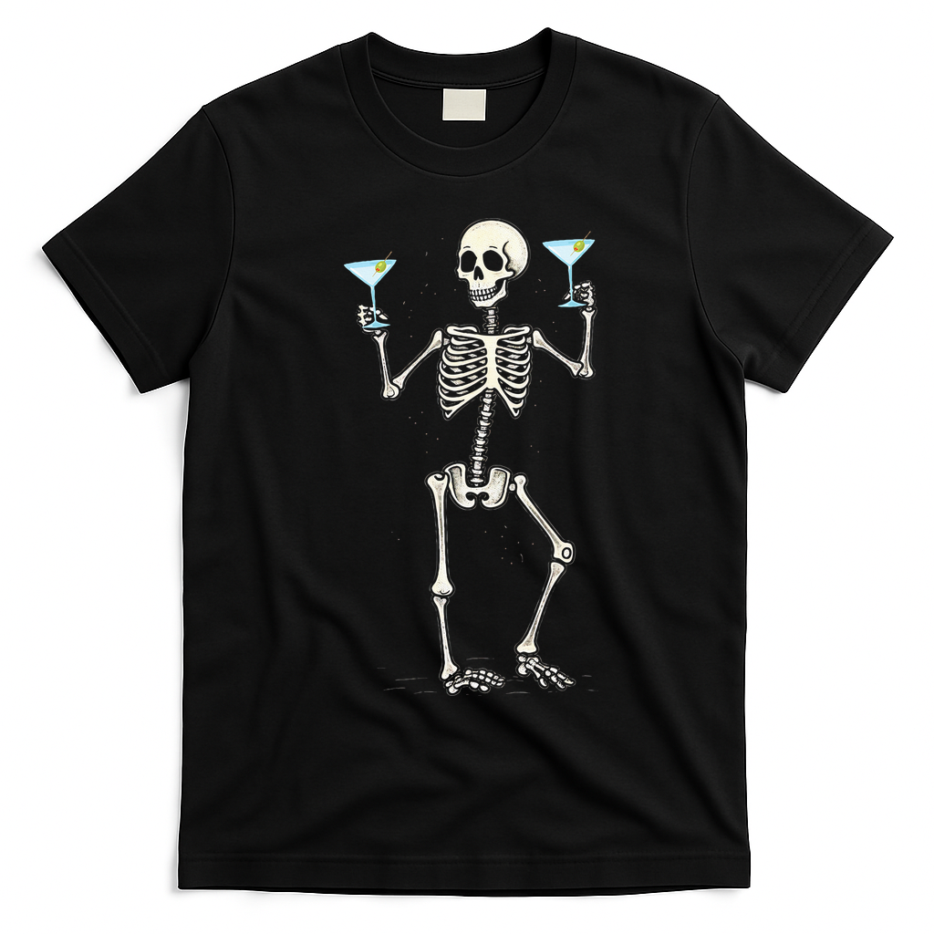 Funny Halloween Skeleton Drinking Martini Cocktail T-Shirt - Black