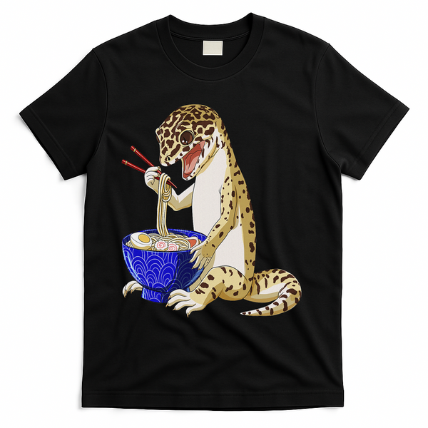 Funny Japanese Kawaii Ramen Reptile Leopard Gecko T-Shirt - Black