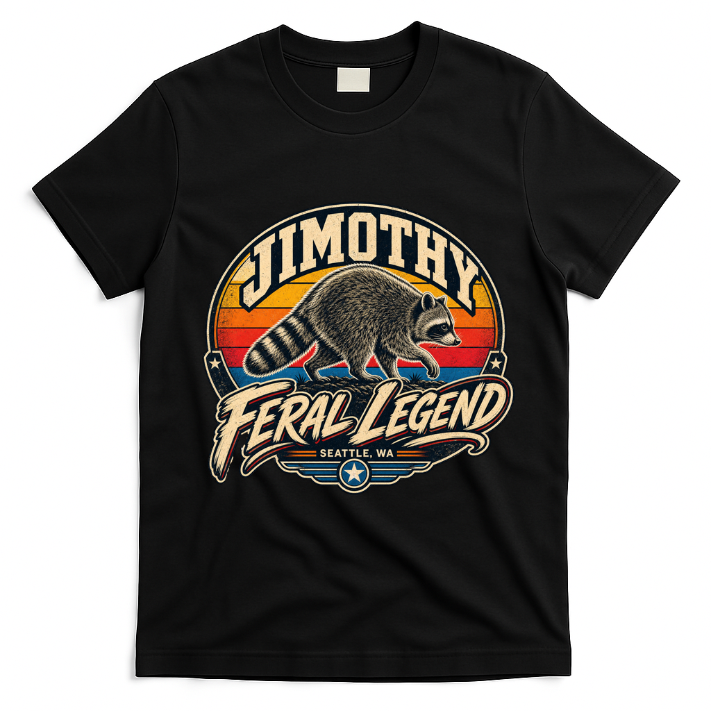 Funny Jimothy Raccoon Seattle Feral Legend T-Shirt - Black