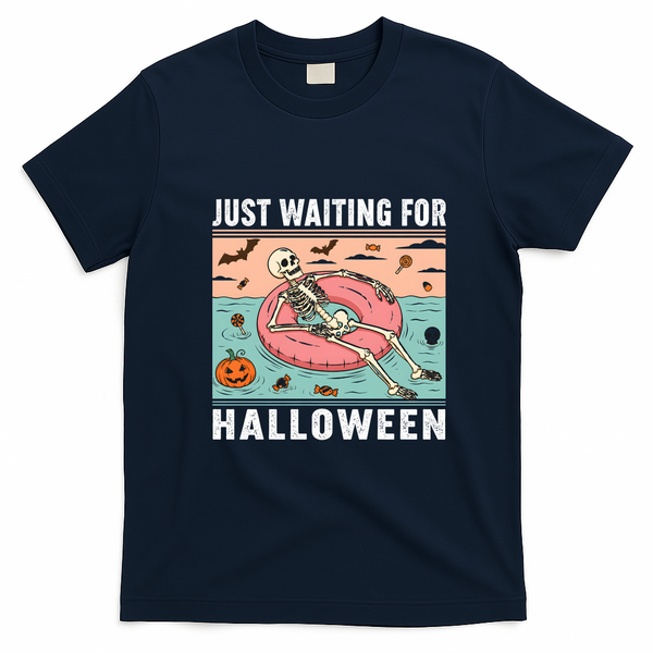 Funny Just Waiting For Halloween Skeleton Swimming Pool Summer T-Shirt - Navy Blue