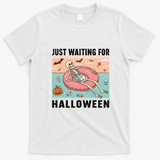 Funny Just Waiting For Halloween Skeleton Swimming Pool Summer T-Shirt - White