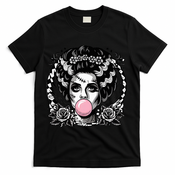 Frankenstein Monster And Bride B.U.B.B.L.E G.U.M Funny Halloween T-Shirt - Black