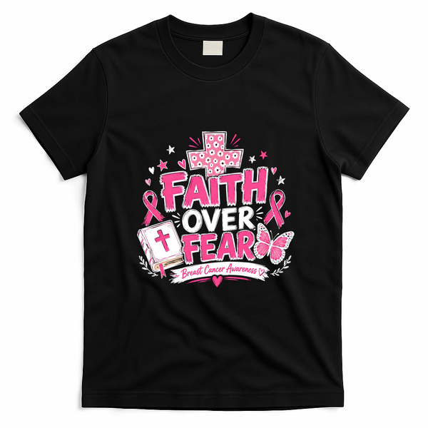 Faith Over Fear Breast Cancer Awareness Cross Bible T-Shirt - Black