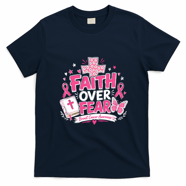 Faith Over Fear Breast Cancer Awareness Cross Bible T-Shirt - Navy Blue