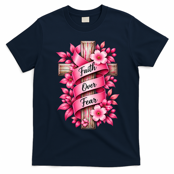 Faith Over Fear Inspirational Cross Breast Cancer Awareness T-Shirt - Navy Blue