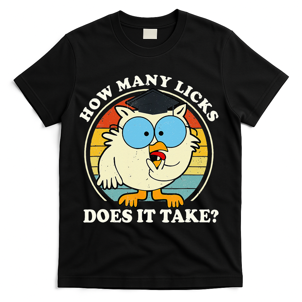 Funny Owl How Many Licks Does It Take Retro Vintage T-Shirt - Black