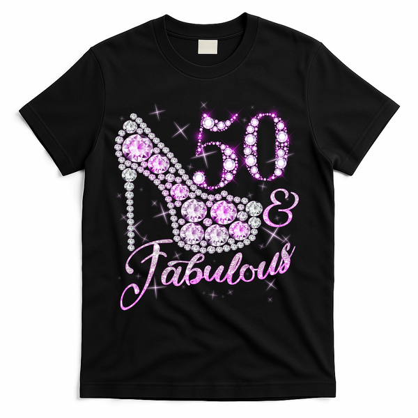 Fabulous & 50 Sparkly Shiny Heel 50th Birthday T-Shirt - Black