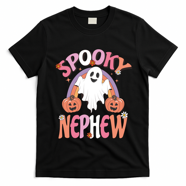Family Retro Spooky Nephew Groovy Retro Halloween Ghost Costume Gift T-Shirt - Black