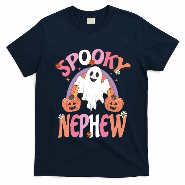 Family Retro Spooky Nephew Groovy Retro Halloween Ghost Costume Gift T-Shirt - Navy Blue
