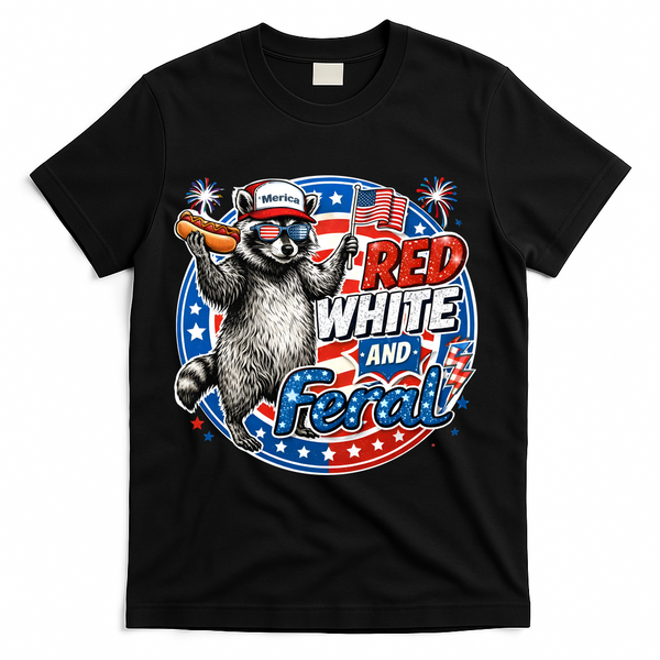 Funny Red White And Feral Patriotic Raccoon 4th Of July T-Shirt - Black