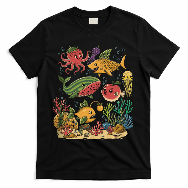 Fish Swiming Fruit T-Shirt - Black