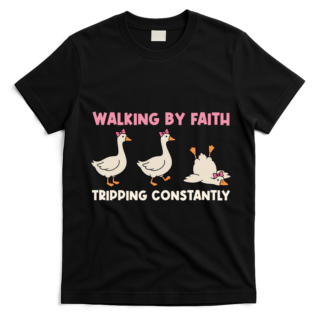 Funny Silly Goose Walking By Faith Tripping Constantly  T-Shirt - Black