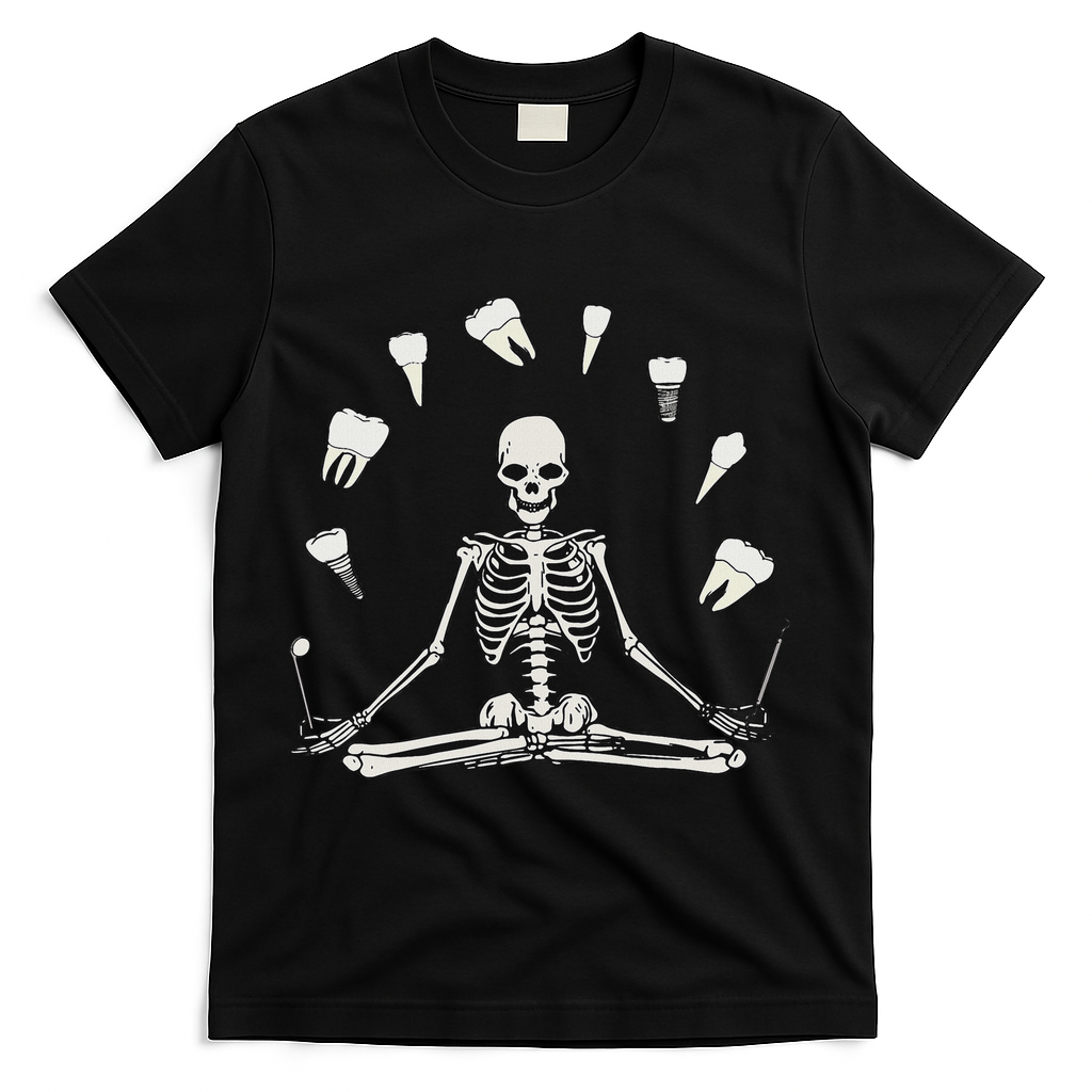 Funny Skeleton Yoga Dental Hygienist Tooth Dentist Halloween T-Shirt - Black