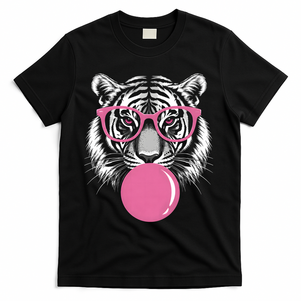 Funny Tiger Glasses Blowing Pink Bubble Gum T-Shirt - Black
