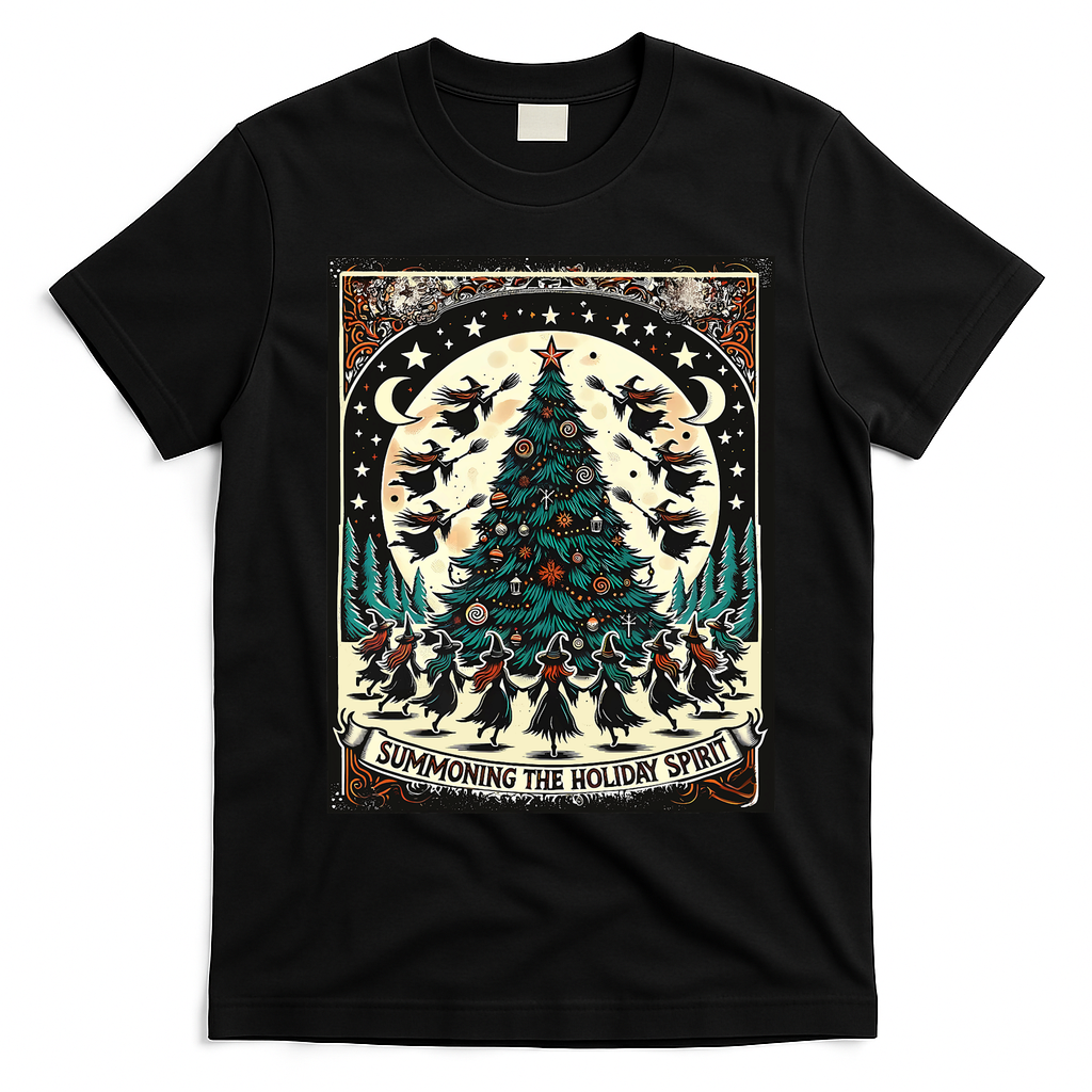 Funny Witches Summoning The Holiday Spirit Spooky Christmas T-Shirt - Black