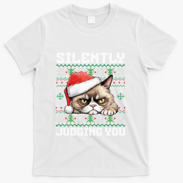 Grumpy Christmas Cat Ugly Silently Judging You Cat Gift T-Shirt - White