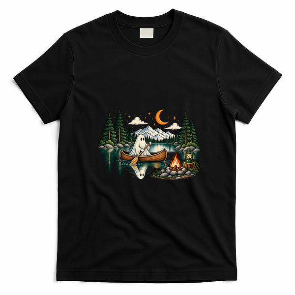 Ghost Canoeing Moonlight Camping Halloween Adventure T-Shirt - Black