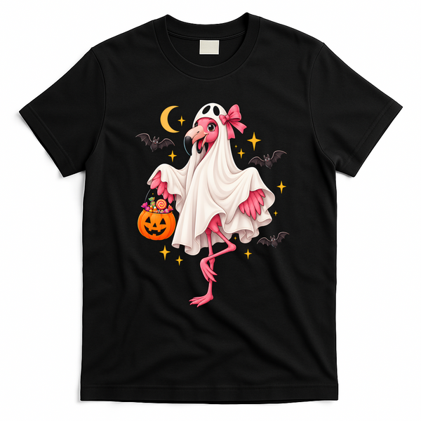 Ghost Flamingo Halloween Costume Trick Or Treat T-Shirt - Black