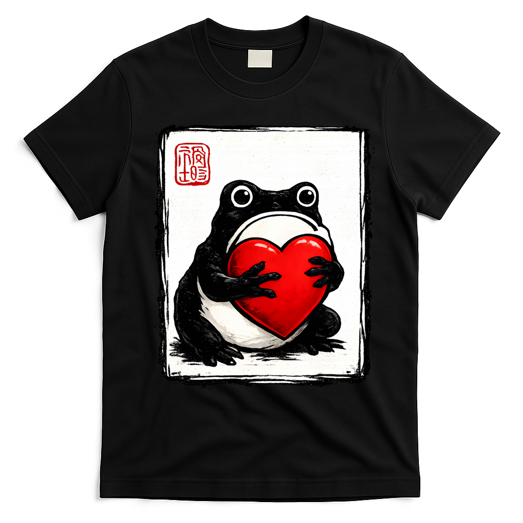 Grumpy Frog Japanese Valentine's Day T-Shirt - Black