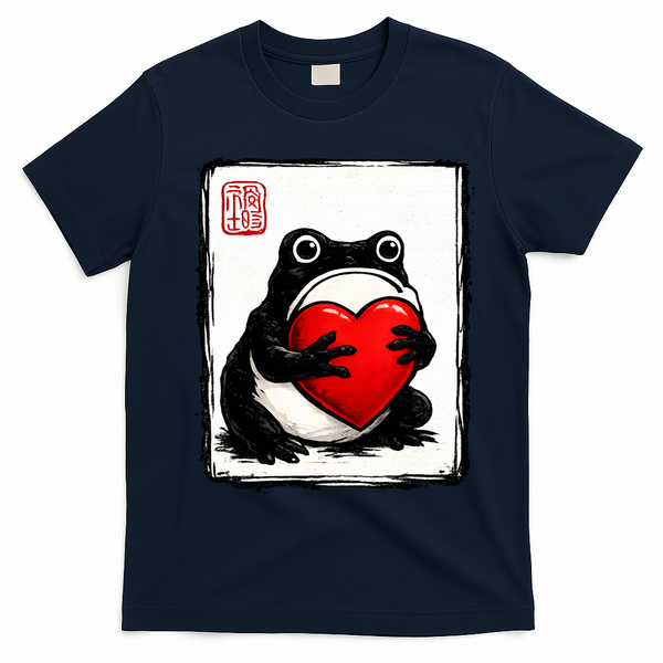 Grumpy Frog Japanese Valentine's Day T-Shirt - Navy Blue