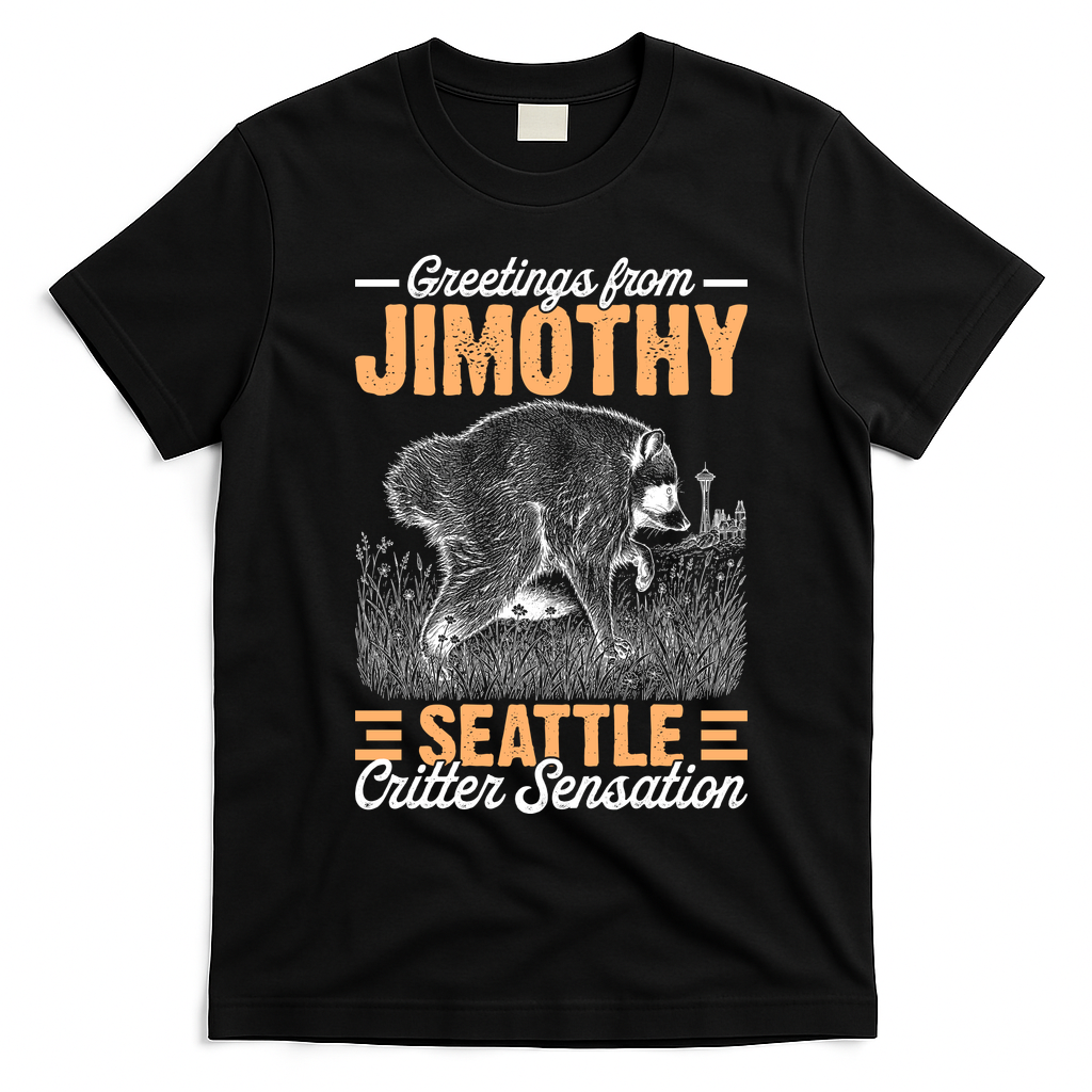Greetings From Jimothy Seattle Critter Raccoon T-Shirt - Black