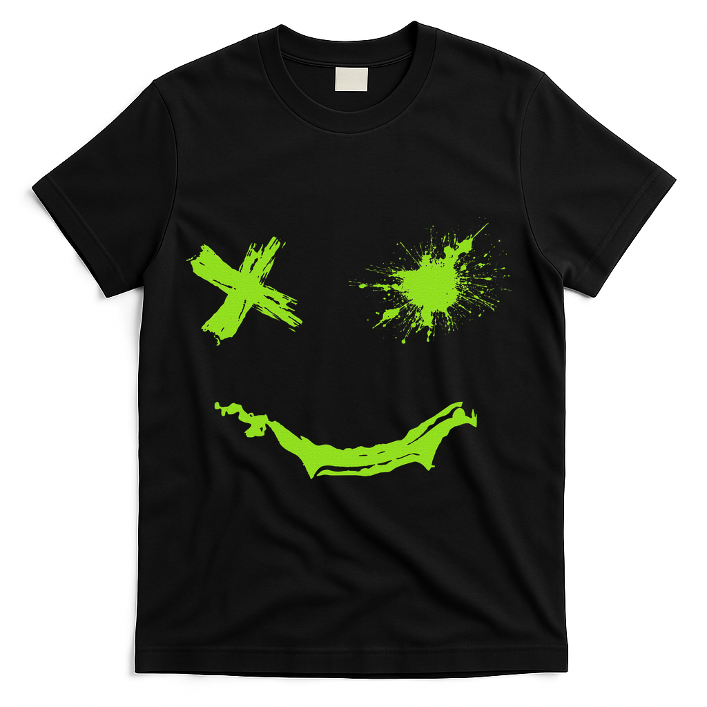 Green Grunge Smile Green Color T-Shirt - Black