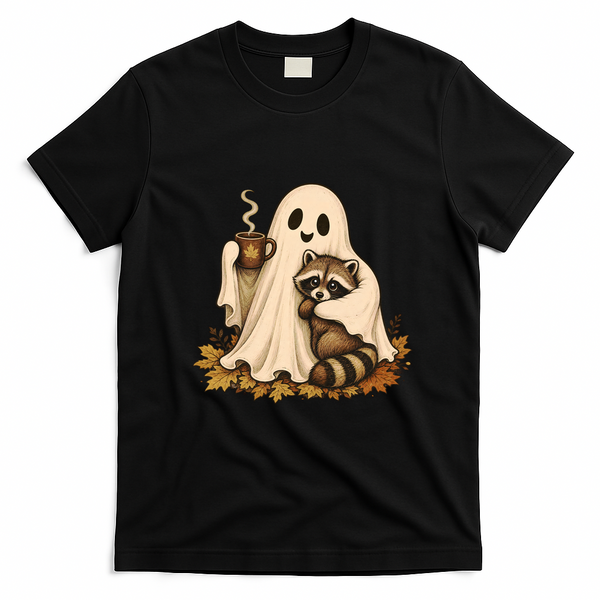 Ghost Hugging Raccoon Coffee Cup Cute Halloween T-Shirt - Black