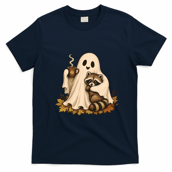 Ghost Hugging Raccoon Coffee Cup Cute Halloween T-Shirt - Navy Blue