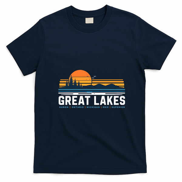 Great Lakes Sunset Retro Lake Michigan Ontario T-Shirt - Navy Blue