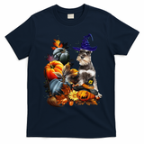Grey Miniature Schnauzer Witch Hat Spooky Pumpkin Halloween T-Shirt - Navy Blue